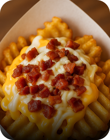 Cone de batata frita com queijo mussarela, cheddar, catupiry e bacon, chamado Amsterdam